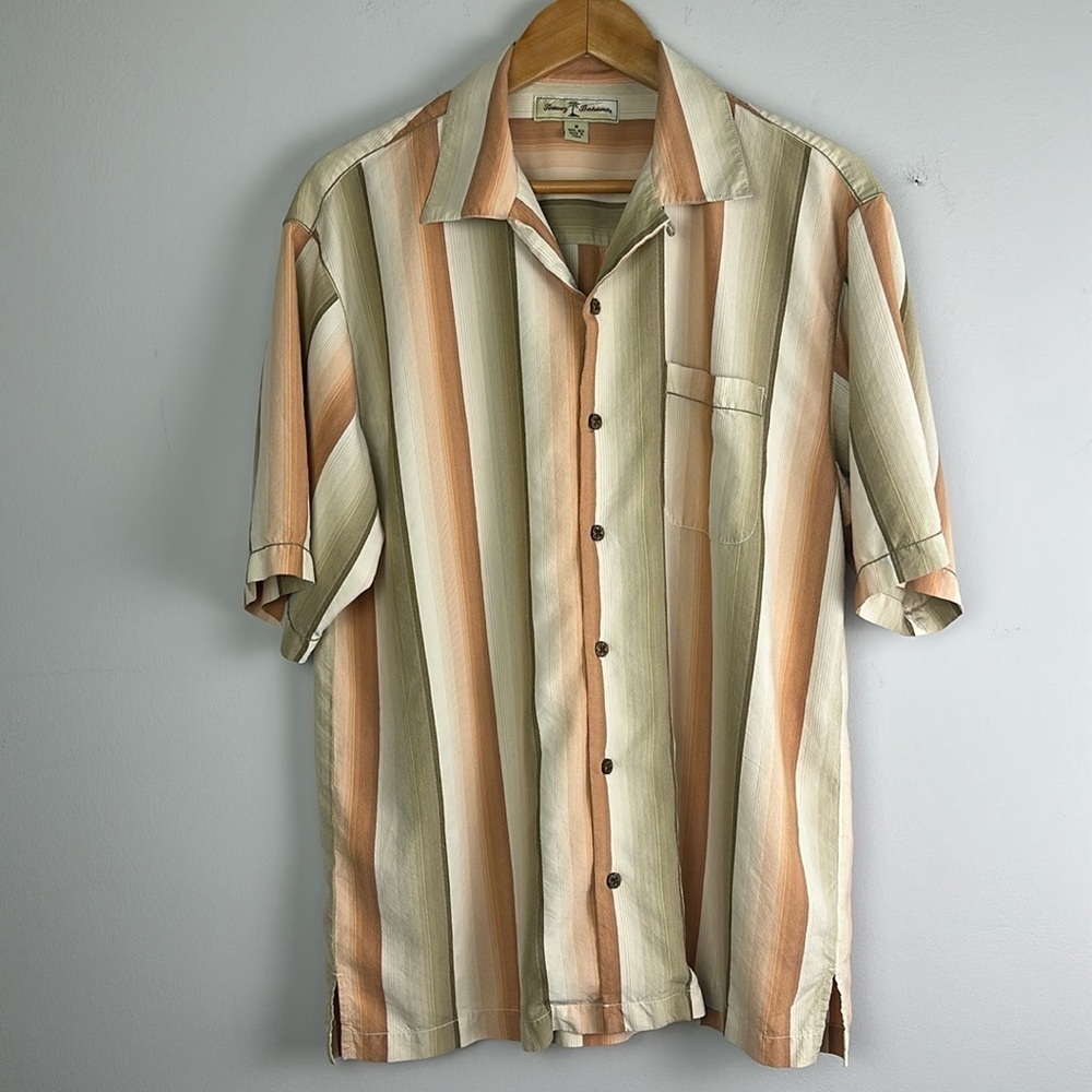 Tommy Bahama 100% Silk Button Down Short Sleeve Shirt Casual Gold Resortwear Med